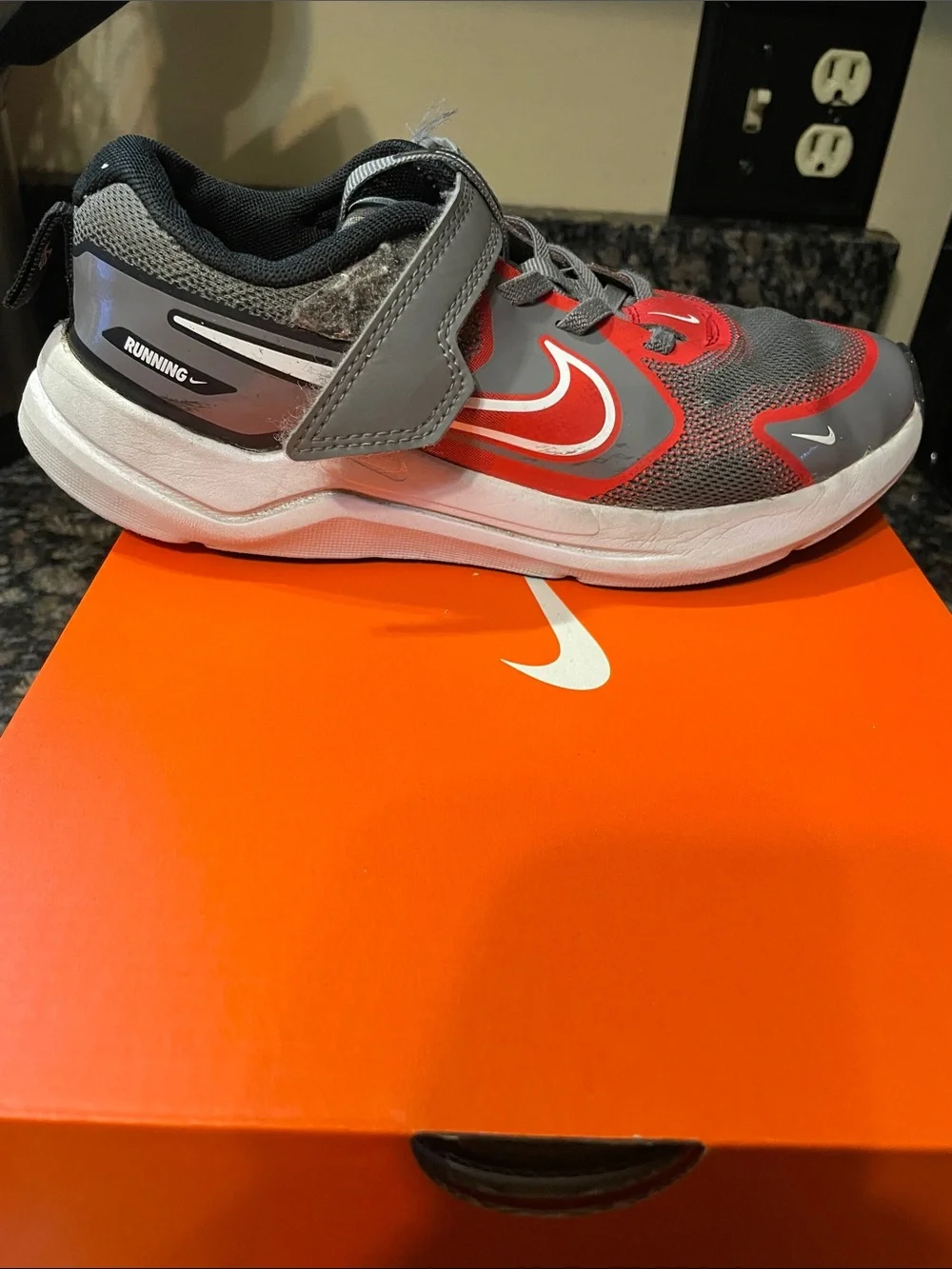 Nike Kids Gray and Red Active Sneakers with Hook-and-Loop Strap